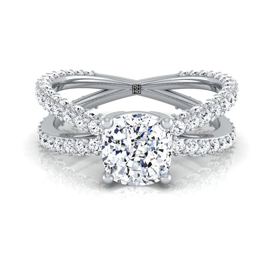14K White Gold Cushion Open Diamond Pave Criss Cross Engagement Ring -1-1/3ctw