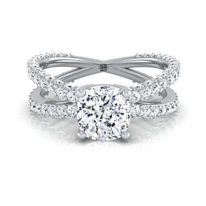 Platinum Cushion Open Diamond Pave Criss Cross Engagement Ring -1-1/3ctw
