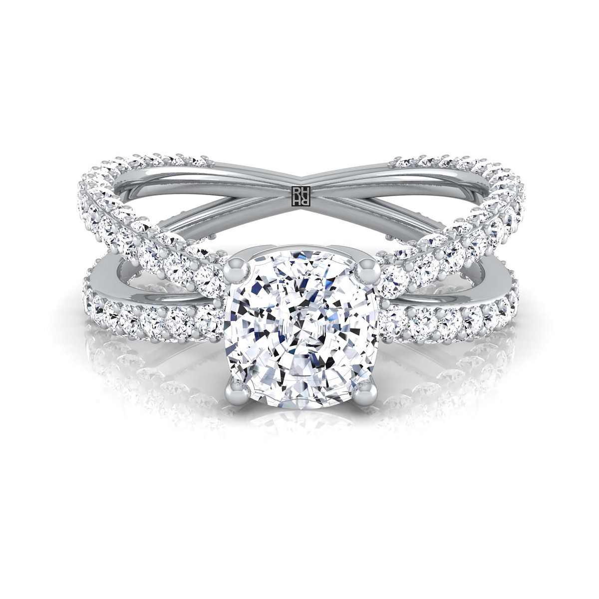 18K White Gold Cushion Open Diamond Pave Criss Cross Engagement Ring -1-1/3ctw