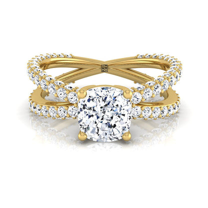 18K Yellow Gold Cushion Open Diamond Pave Criss Cross Engagement Ring -1-1/3ctw