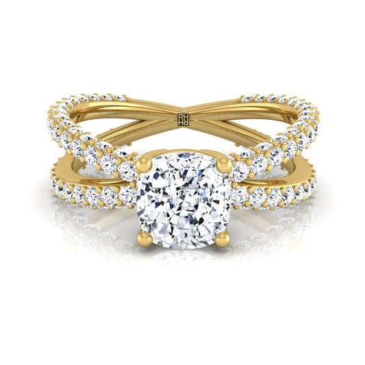 14K Yellow Gold Cushion Open Diamond Pave Criss Cross Engagement Ring -1-1/3ctw
