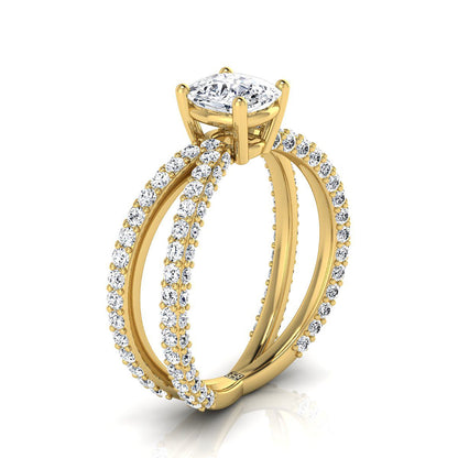 18K Yellow Gold Cushion Open Diamond Pave Criss Cross Engagement Ring -1-1/3ctw