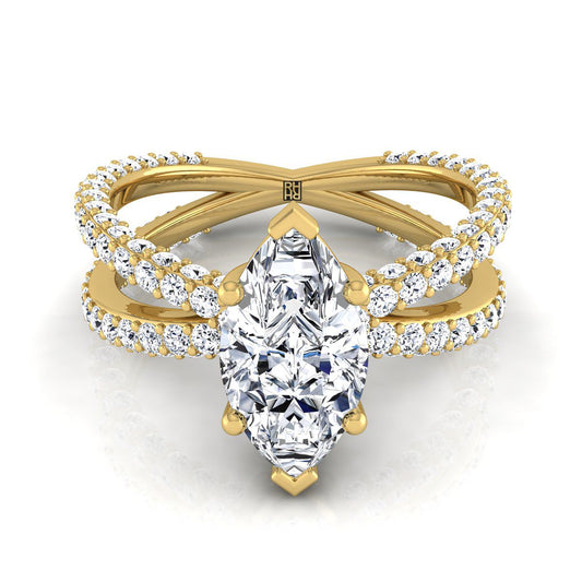 14K Yellow Gold Marquise  Open Diamond Pave Criss Cross Engagement Ring -1-1/3ctw