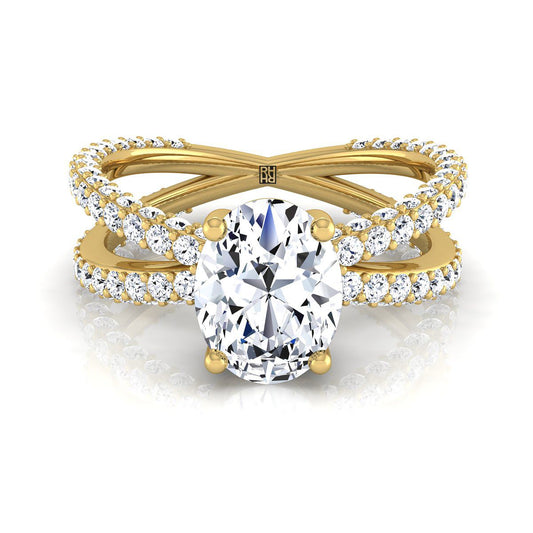 18K Yellow Gold Oval Open Diamond Pave Criss Cross Engagement Ring -1-1/3ctw