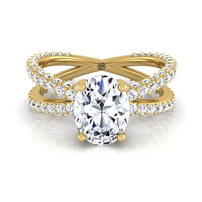 14K Yellow Gold Oval Open Diamond Pave Criss Cross Engagement Ring -1-1/3ctw