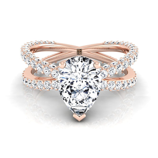 14K Rose Gold Pear Shape Center Open Diamond Pave Criss Cross Engagement Ring -1-1/3ctw