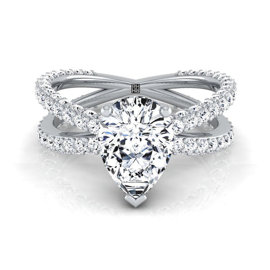 Platinum Pear Shape Center Open Diamond Pave Criss Cross Engagement Ring -1-1/3ctw