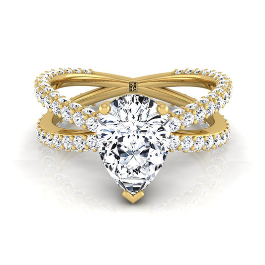 18K Yellow Gold Pear Shape Center Open Diamond Pave Criss Cross Engagement Ring -1-1/3ctw