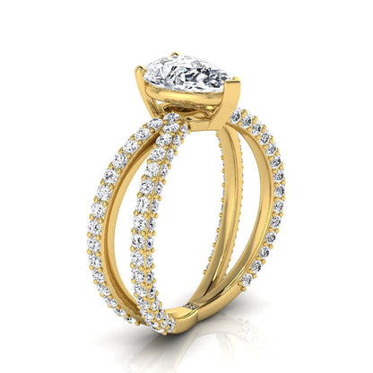 18K Yellow Gold Pear Shape Center Open Diamond Pave Criss Cross Engagement Ring -1-1/3ctw