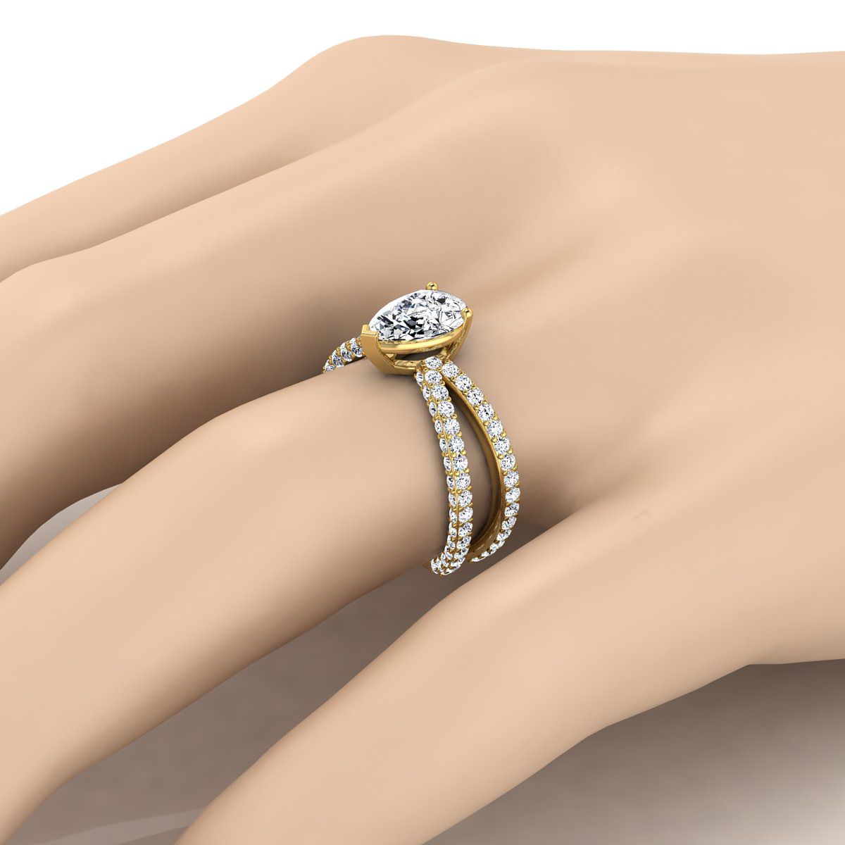 14K Yellow Gold Pear Shape Center Open Diamond Pave Criss Cross Engagement Ring -1-1/3ctw