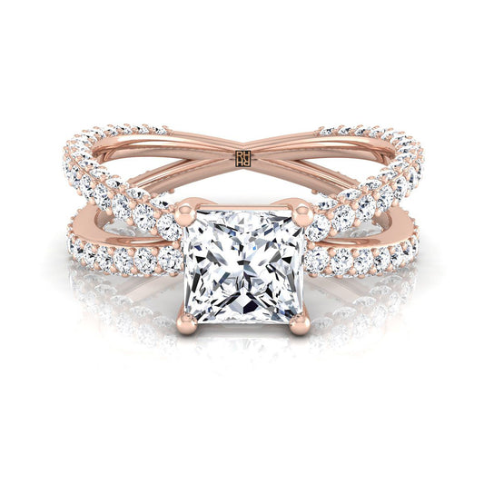 14K Rose Gold Princess Cut Open Diamond Pave Criss Cross Engagement Ring -1-1/3ctw