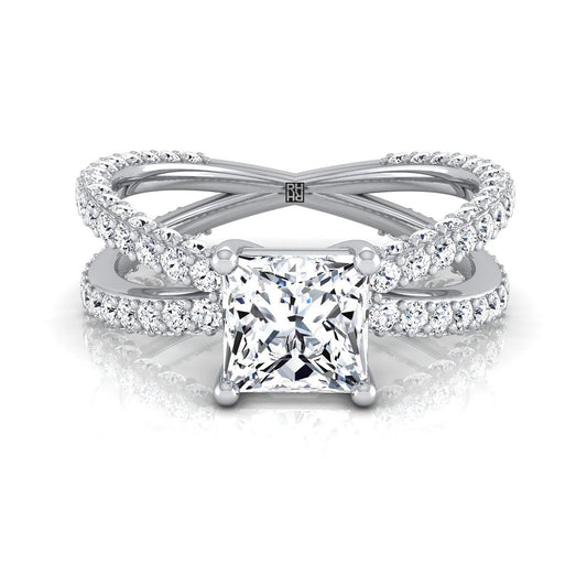 18K White Gold Princess Cut Open Diamond Pave Criss Cross Engagement Ring -1-1/3ctw