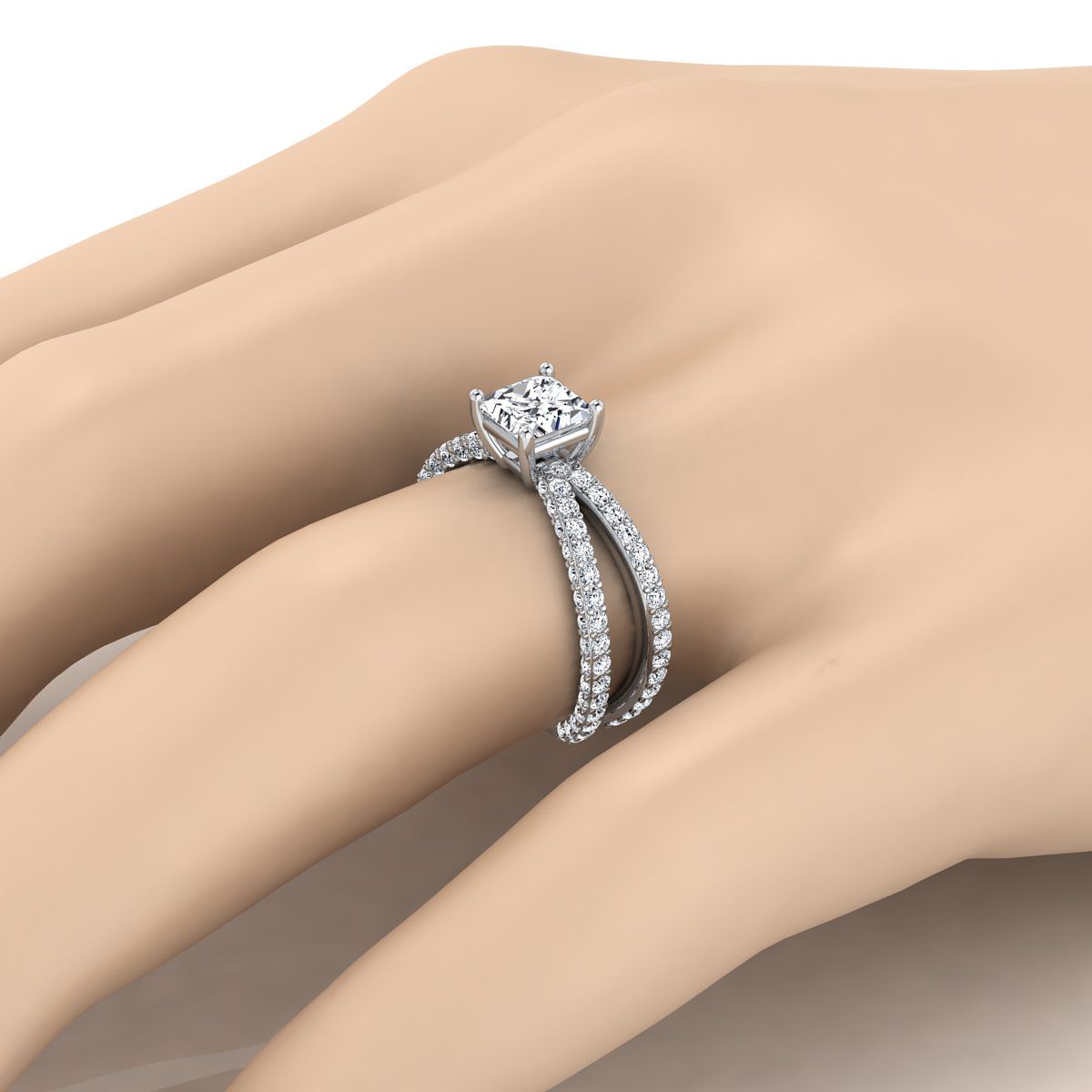 Platinum Princess Cut Open Diamond Pave Criss Cross Engagement Ring -1-1/3ctw