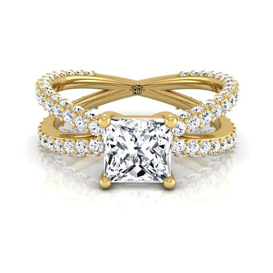 14K Yellow Gold Princess Cut Open Diamond Pave Criss Cross Engagement Ring -1-1/3ctw