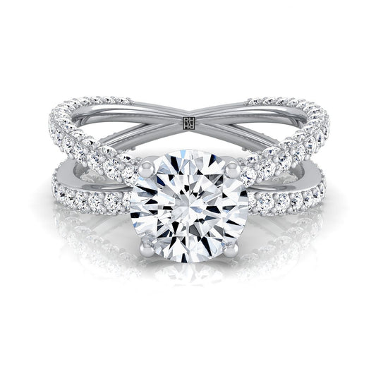 Platinum Round Brilliant Open Diamond Pave Criss Cross Engagement Ring -1-1/3ctw