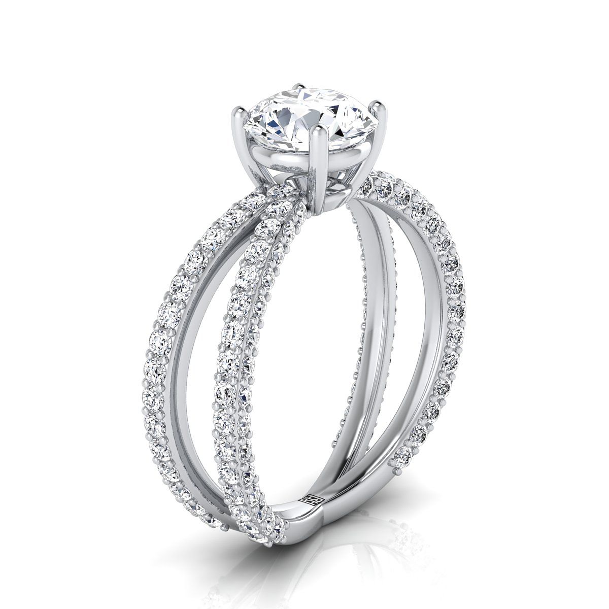 18K White Gold Round Brilliant Open Diamond Pave Criss Cross Engagement Ring -1-1/3ctw