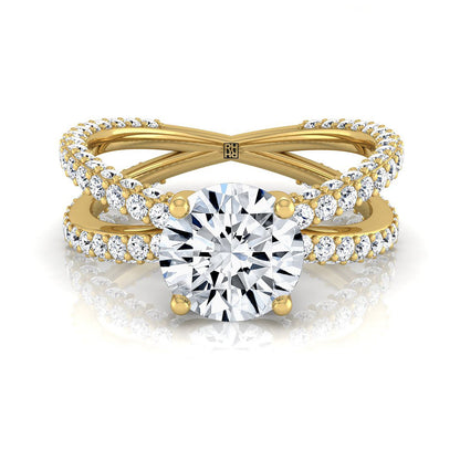 18K Yellow Gold Round Brilliant Open Diamond Pave Criss Cross Engagement Ring -1-1/3ctw