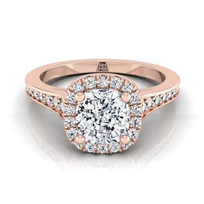 14K Rose Gold Cushion Diamond Classic Halo with Channel French Pave Engagement RIng  -1/3ctw