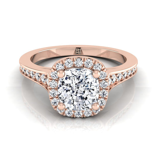 14K Rose Gold Cushion Diamond Classic Halo with Channel French Pave Engagement RIng  -1/3ctw