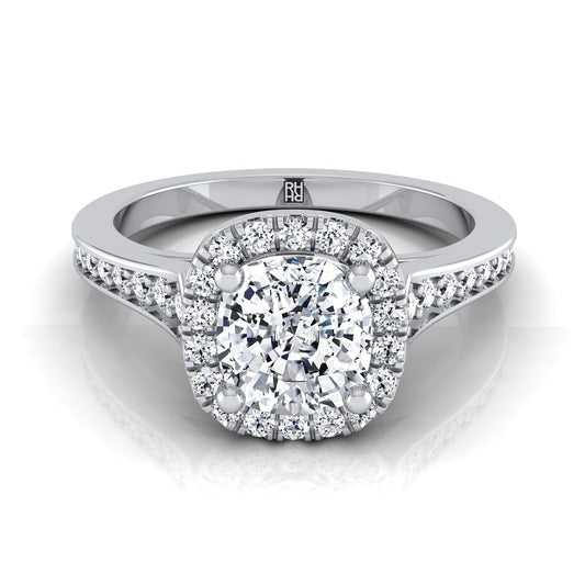 14K White Gold Cushion Diamond Classic Halo with Channel French Pave Engagement RIng  -1/3ctw