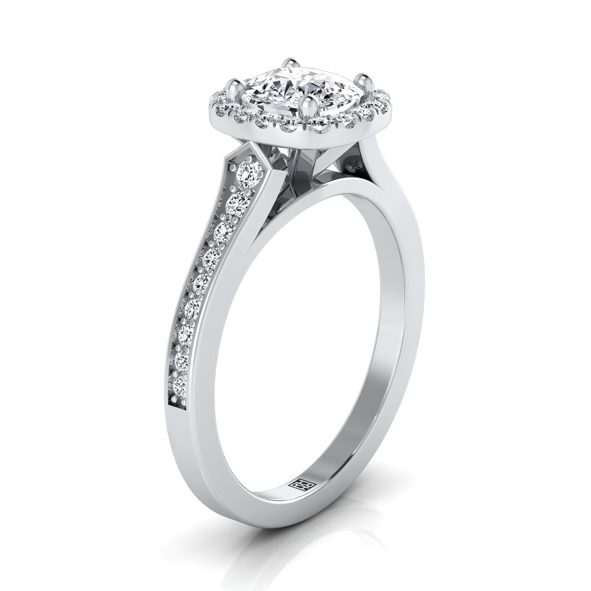 Platinum Cushion Diamond Classic Halo with Channel French Pave Engagement RIng  -1/3ctw