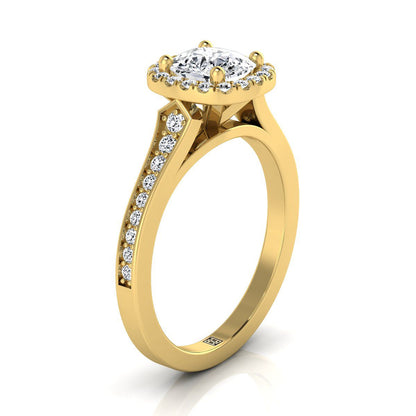 18K Yellow Gold Cushion Diamond Classic Halo with Channel French Pave Engagement RIng  -1/3ctw