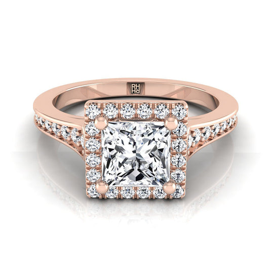 14K Rose Gold Princess Cut Diamond Classic Halo with Channel French Pave Engagement RIng  -1/3ctw