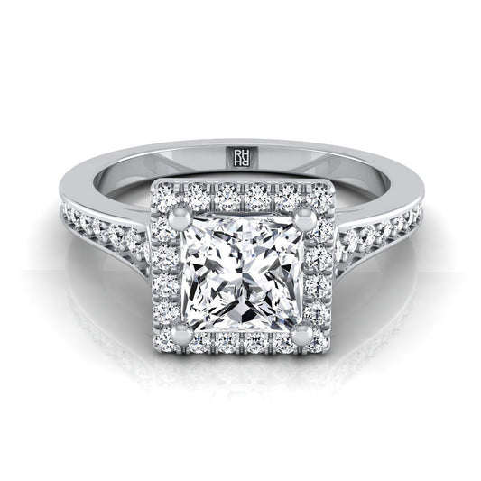 18K White Gold Princess Cut Diamond Classic Halo with Channel French Pave Engagement RIng  -1/3ctw