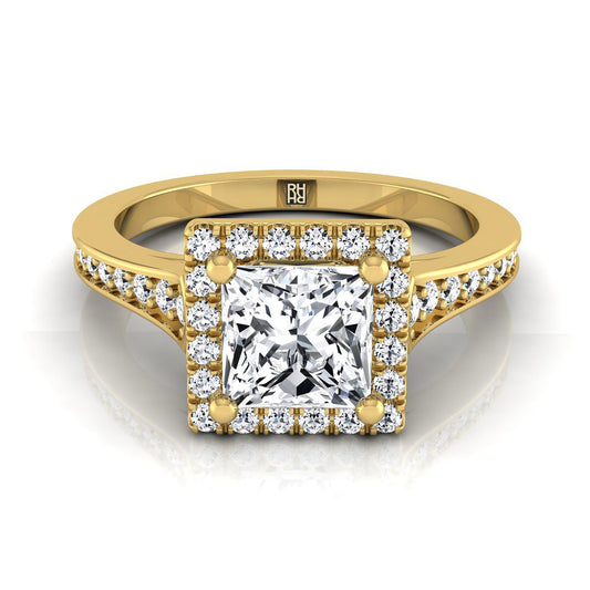 18K Yellow Gold Princess Cut Diamond Classic Halo with Channel French Pave Engagement RIng  -1/3ctw