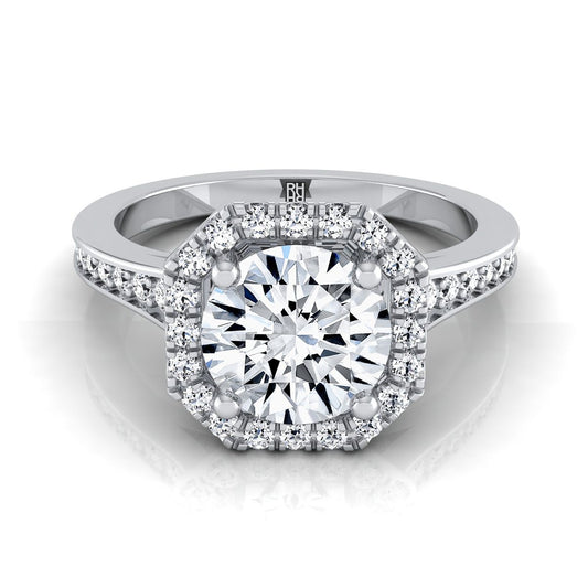 Platinum Round Brilliant Diamond Classic Halo with Channel French Pave Engagement RIng  -1/3ctw