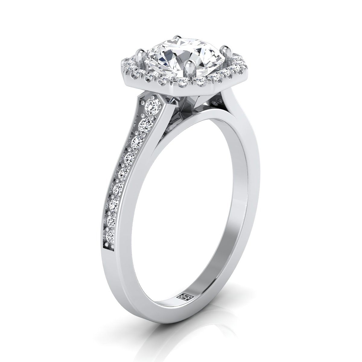 18K White Gold Round Brilliant Diamond Classic Halo with Channel French Pave Engagement RIng  -1/3ctw