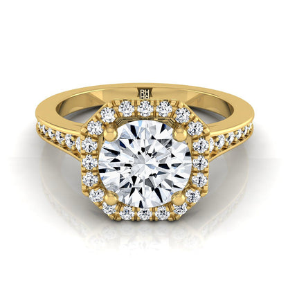 18K Yellow Gold Round Brilliant Diamond Classic Halo with Channel French Pave Engagement RIng  -1/3ctw
