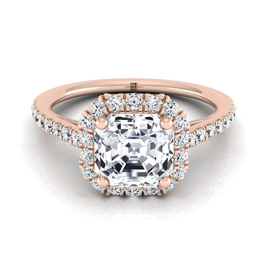 14K Rose Gold Asscher Cut Diamond Petite Halo French Pave Engagement Ring -3/8ctw