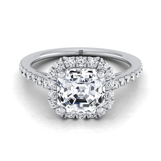 18K White Gold Asscher Cut Diamond Petite Halo French Pave Engagement Ring -3/8ctw
