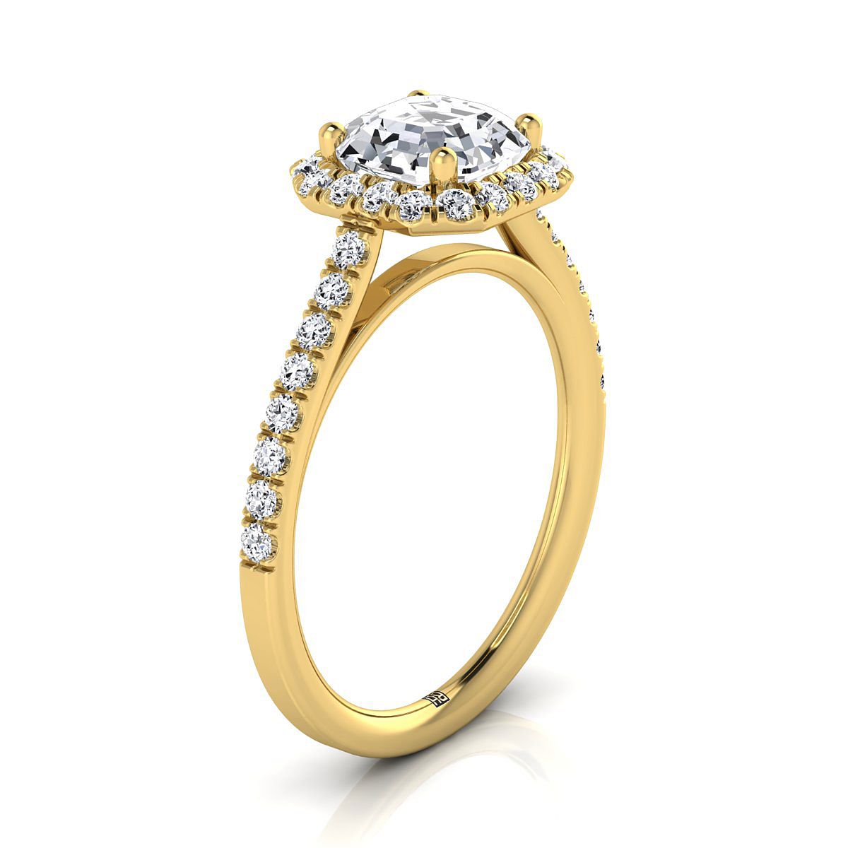 18K Yellow Gold Asscher Cut Diamond Petite Halo French Pave Engagement Ring -3/8ctw