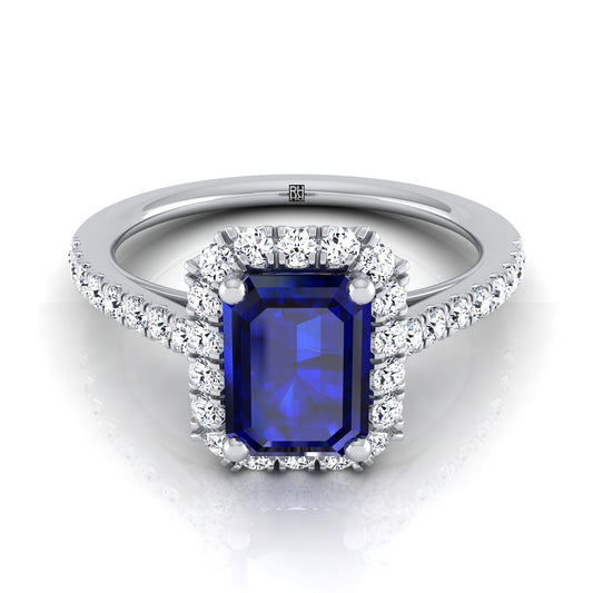 18K White Gold  Sapphire Petite Halo French Diamond Pave Engagement Ring -3/8ctw