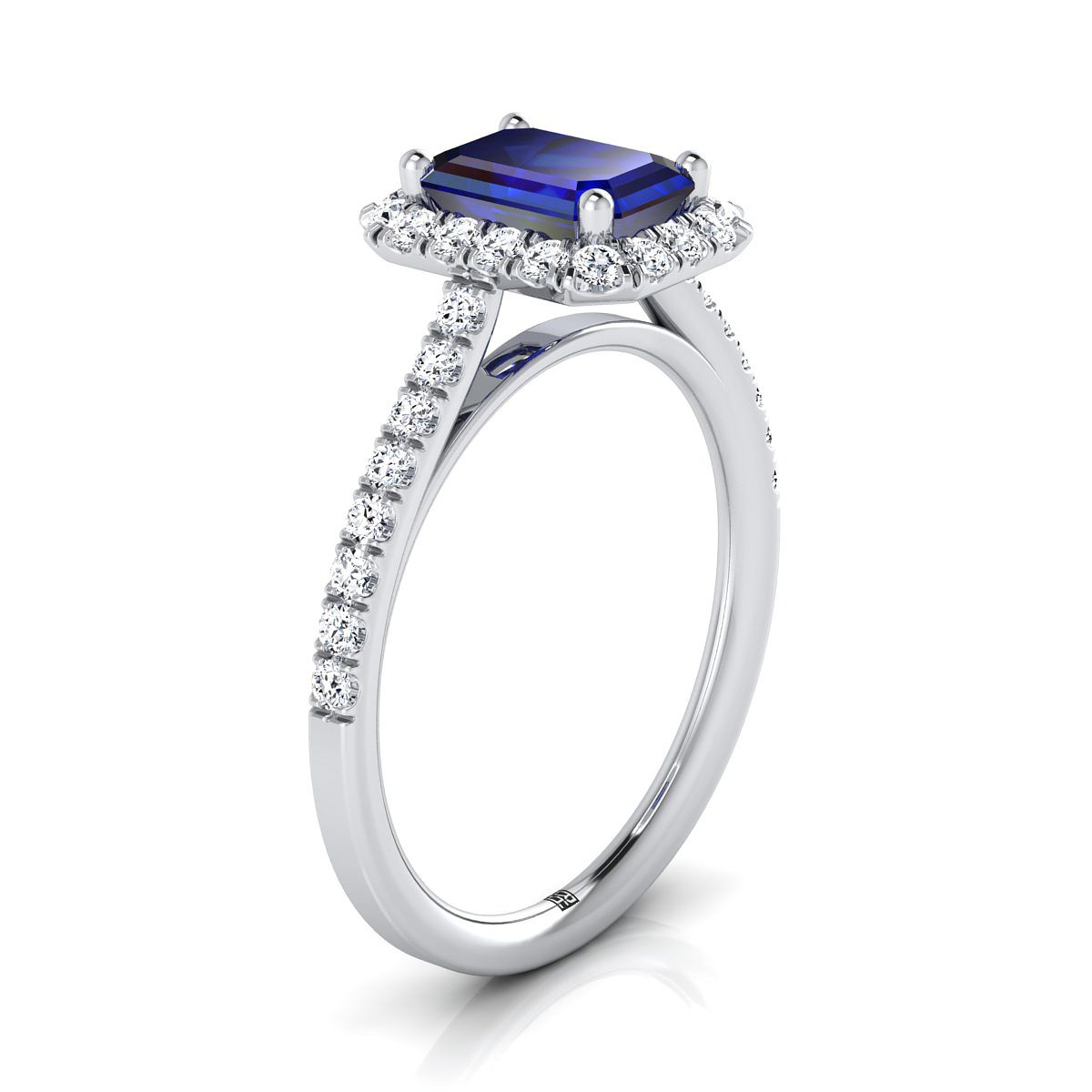 14K White Gold  Sapphire Petite Halo French Diamond Pave Engagement Ring -3/8ctw