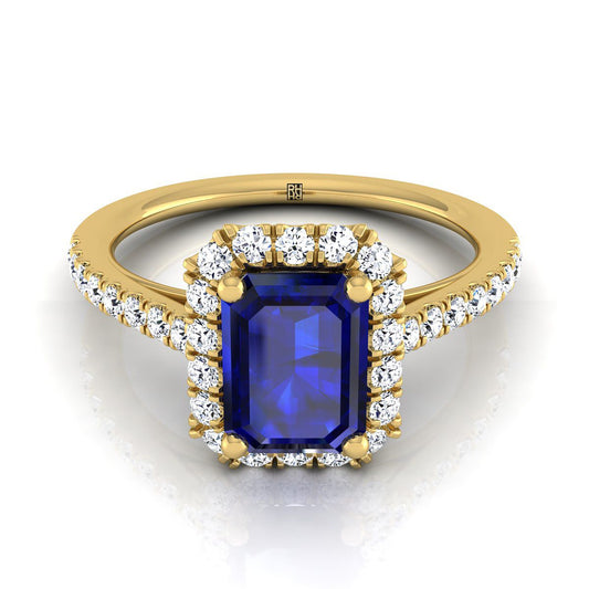 14K Yellow Gold  Sapphire Petite Halo French Diamond Pave Engagement Ring -3/8ctw