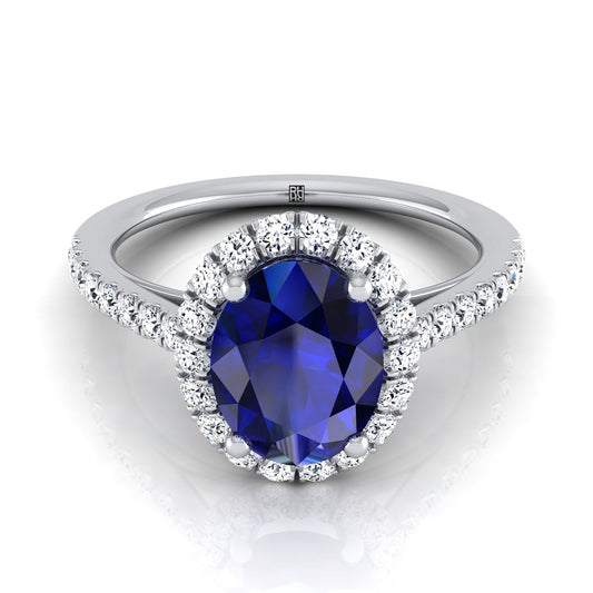 18K White Gold Oval Sapphire Petite Halo French Diamond Pave Engagement Ring -3/8ctw