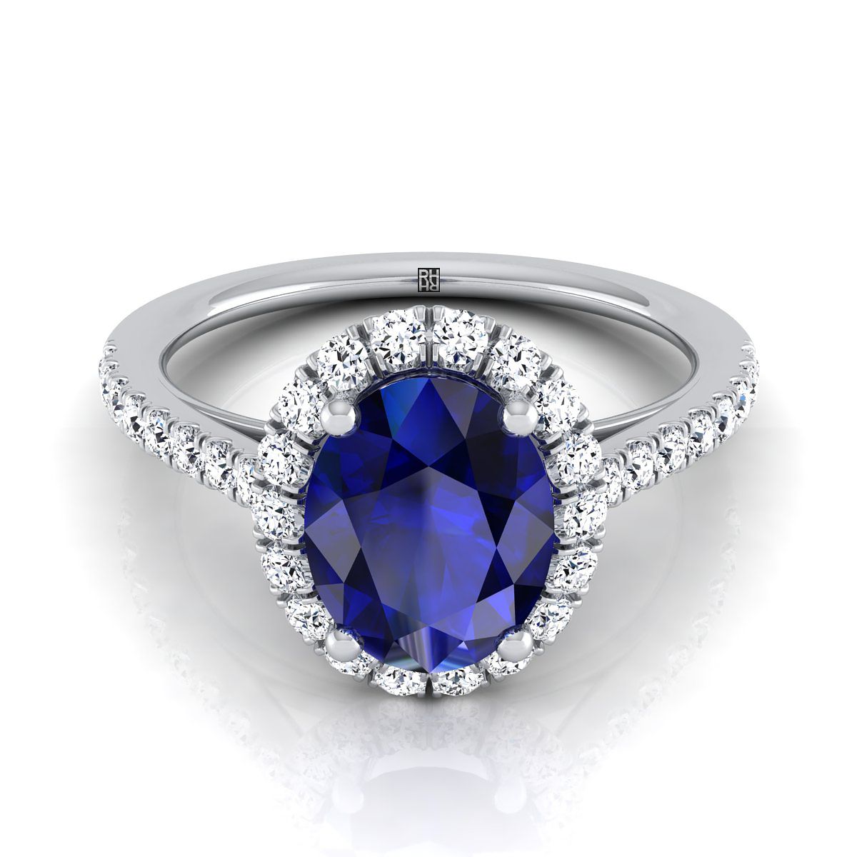 Platinum Oval Sapphire Petite Halo French Diamond Pave Engagement Ring -3/8ctw