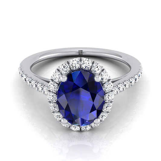14K White Gold Oval Sapphire Petite Halo French Diamond Pave Engagement Ring -3/8ctw