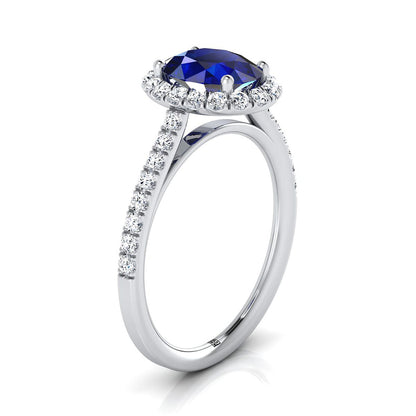 18K White Gold Oval Sapphire Petite Halo French Diamond Pave Engagement Ring -3/8ctw