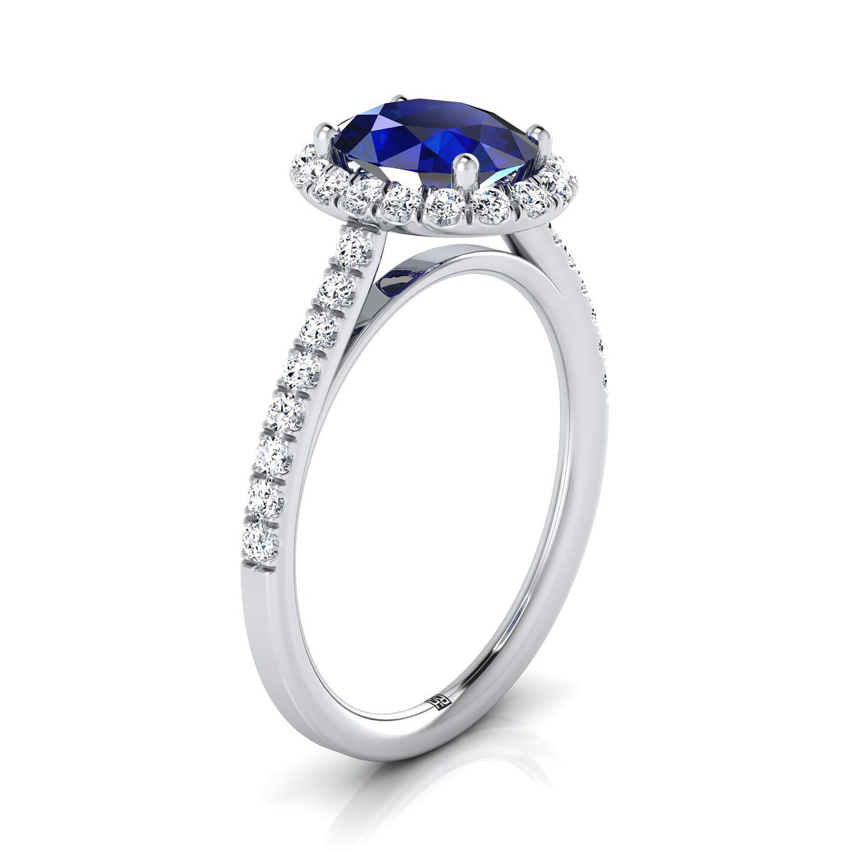 14K White Gold Oval Sapphire Petite Halo French Diamond Pave Engagement Ring -3/8ctw
