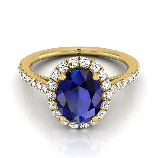 14K Yellow Gold Oval Sapphire Petite Halo French Diamond Pave Engagement Ring -3/8ctw