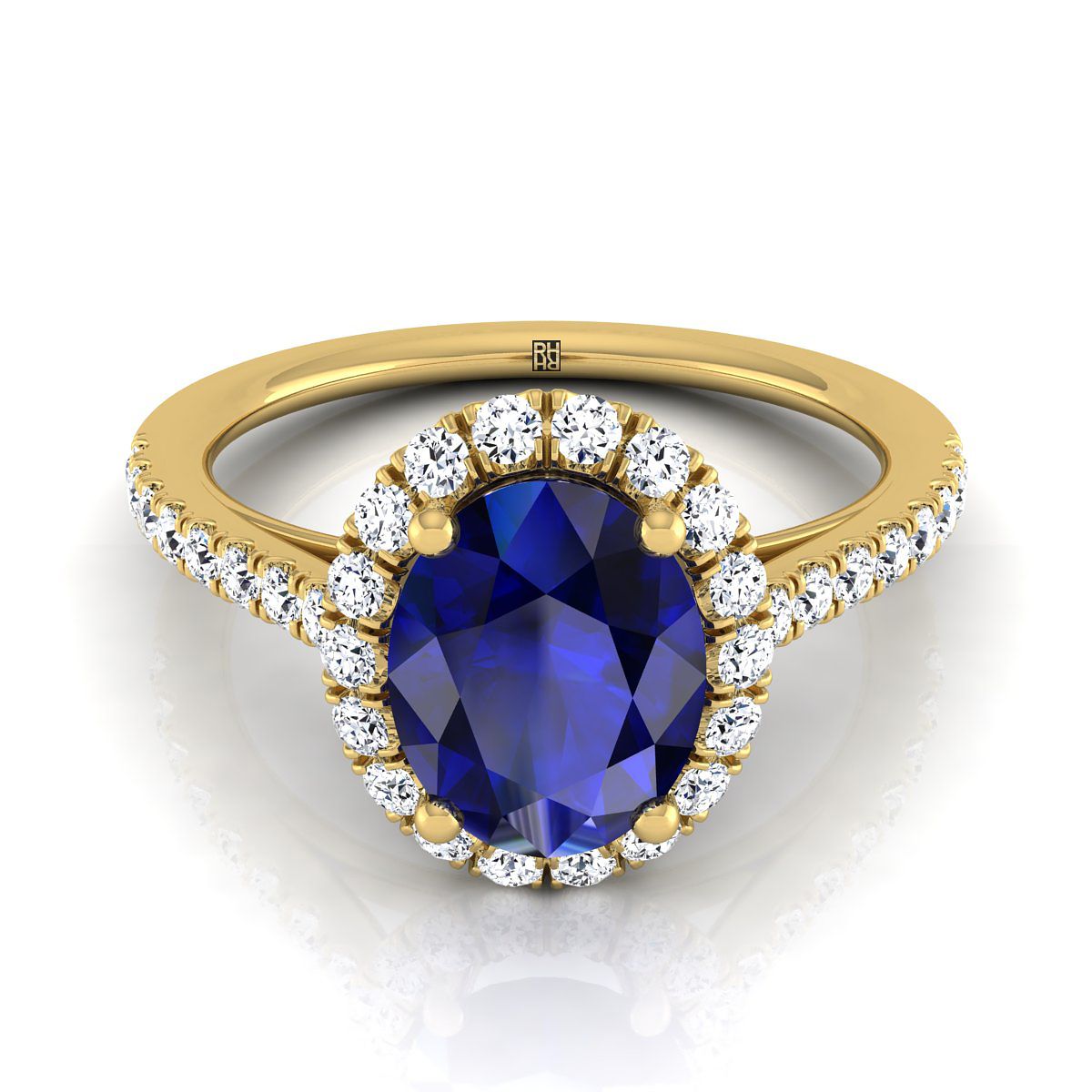 18K Yellow Gold Oval Sapphire Petite Halo French Diamond Pave Engagement Ring -3/8ctw