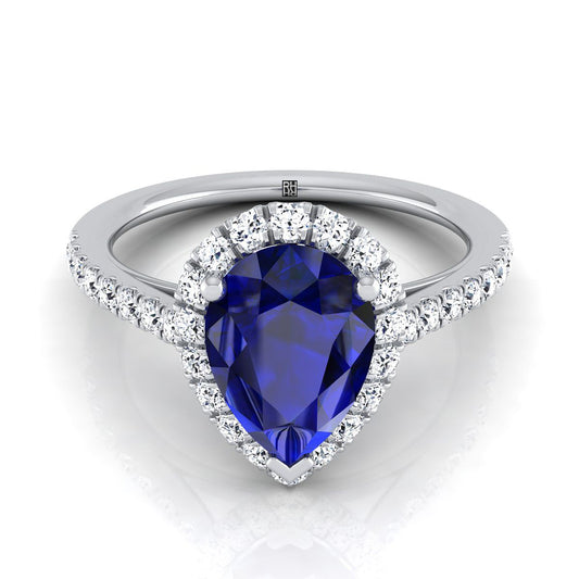 14K White Gold Pear Shape Center Sapphire Petite Halo French Diamond Pave Engagement Ring -3/8ctw