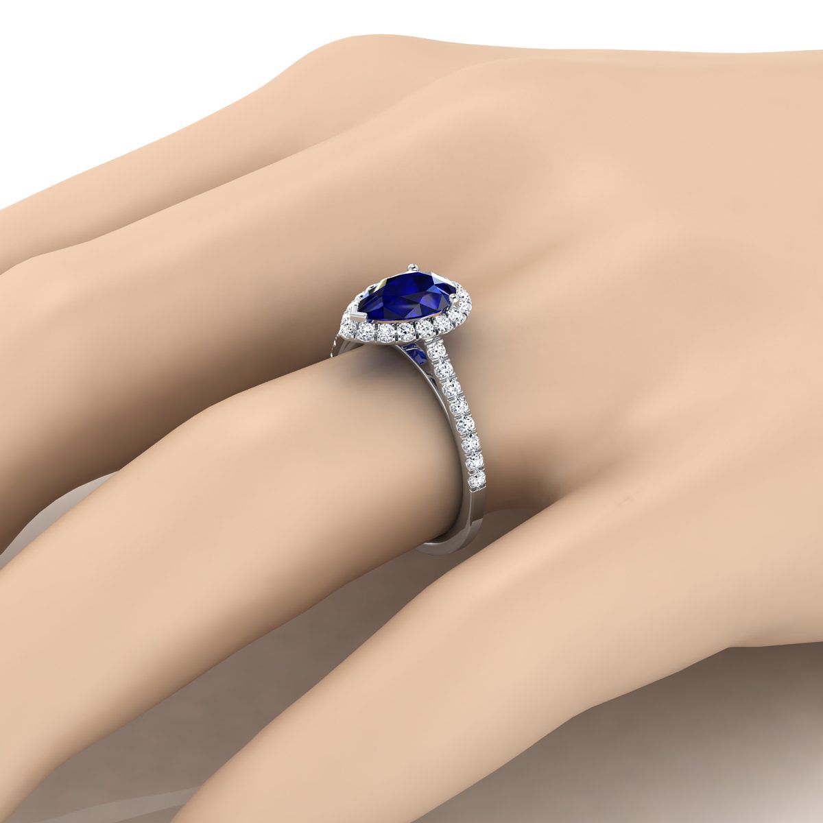 18K White Gold Pear Shape Center Sapphire Petite Halo French Diamond Pave Engagement Ring -3/8ctw