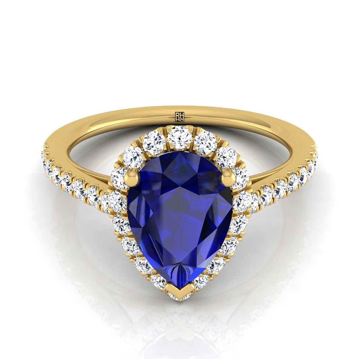 18K Yellow Gold Pear Shape Center Sapphire Petite Halo French Diamond Pave Engagement Ring -3/8ctw