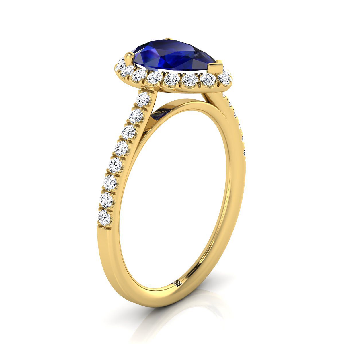 14K Yellow Gold Pear Shape Center Sapphire Petite Halo French Diamond Pave Engagement Ring -3/8ctw