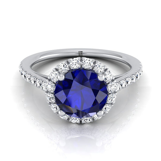 Platinum Round Brilliant Sapphire Petite Halo French Diamond Pave Engagement Ring -3/8ctw